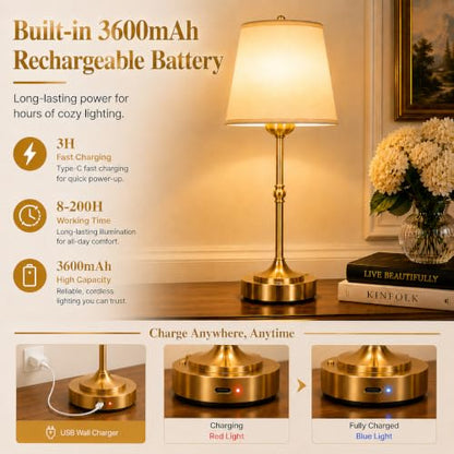 Yunaking Rechargeable Gold Table Lamp: Cordless Lamp with 3 Color Dimmable