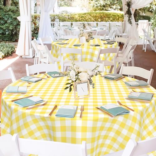 Mulbozy 2 Pcs Yellow Gingham Round Plastic Tablecloth Disposable, 84 inch - color: Checkered-yellow, size: 84" Round