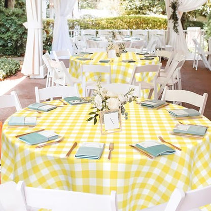 Mulbozy 2 Pcs Yellow Gingham Round Plastic Tablecloth Disposable, 84 inch - color: Checkered-yellow, size: 84" Round
