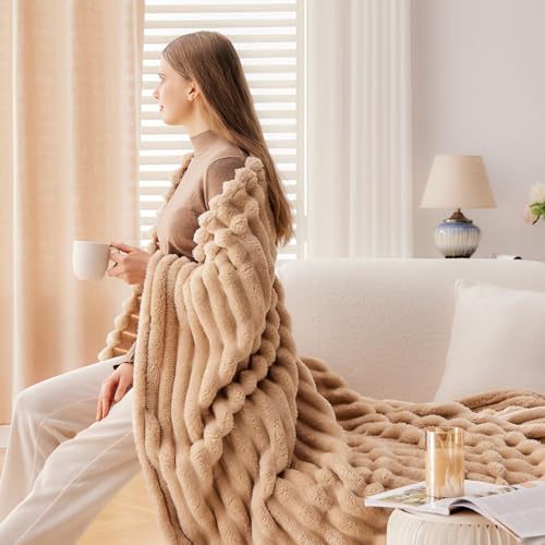 NEWCOSPLAY Fleece Ribbed Cozy Queen Blanket for Couch, Brown, 90"x90" - color: Brown Ribbed, size: Queen(90"x90")