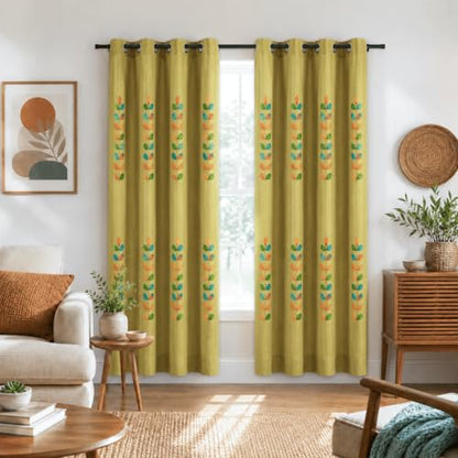 VOGOL Leaf Embroidered Faux Linen Curtains, 52 x 63, Grommet Top, 2 Panels - color: C2, size: 52"W x 63"L (Pack of 2)