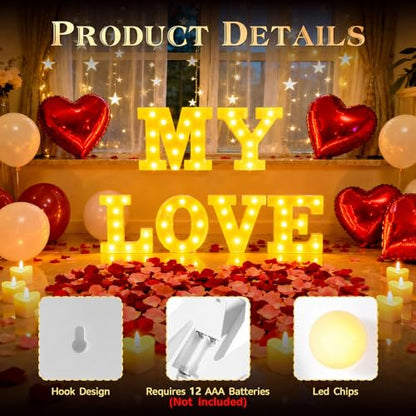 My Love Light up Letters, Include Tea Lights Candles, Latex Balloons, Aluminum Balloons and Rose Petals, Special Festival, Surprise Gifts for Women and Men - color: MY LOVE
