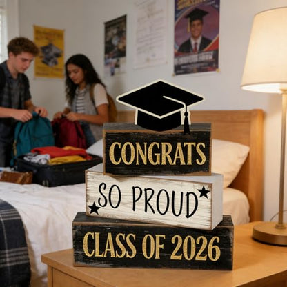 2026 Graduation Table Decorations Class of 2026 Senior Tiered Tray Decor Wooden Cap Block Signs Farmhouse Congrats Grad Tabletop Party Centerpiece for Tables Wooden Sign for Home Decor - style: Cap