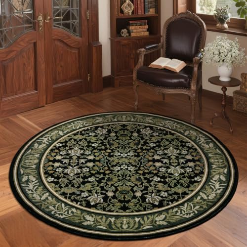GarveeHome Round Rugs 4ft Washable Circle Rug for Living Room, Green Black | Boho Vintage Non Slip Soft Low Pile Stain Resistant Indoor Carpet for Bedroom Dining Room Kitchen Entryway Office - color: Green Black, size: 4' (Round)