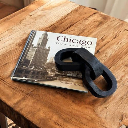 Mango Wood Chain Link Decor Set of 3 Linked Ovals Black Finish Modern Rustic Decorative Accent for Shelves, Coffee Tables, and Entryway Decor – 10.5" Total Length