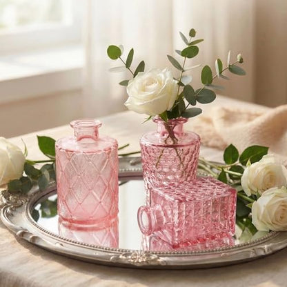 Set of 15 Pink Glass Bud Vases Small Textured Flower Vases - color: Pink
