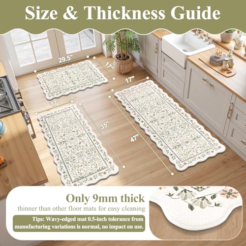 Yamaziot Boho Anti Fatigue Kitchen Rug Set of 3 Scalloped, Light Green - color: Light Green, size: 17.3"x29"+17.3"x35"+17.3"x47"