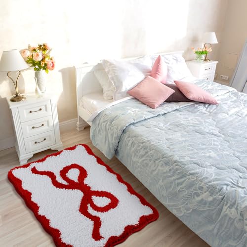 Tinideya Red Bow Bathroom Rug 16" x 24" Scalloped Bow Bath Mat - color: Red, size: 16" x 24" (Rectangular)