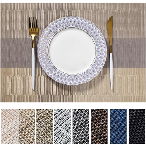 LEXMORE Placemats Set of 6 Vinyl/Plastic Woven Place Mats for Kitchen Table Indoor/Outdoor Washable Placemat Wipeable Dining Table Mats(Gold Dune) - color: E-gold Dune
