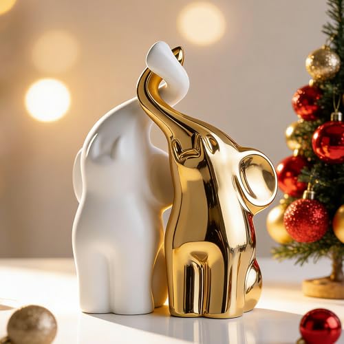 QINJIEJIE Golden Elephant Statue Figurines Loving Elephant Gift for Couples - color: Golden & White