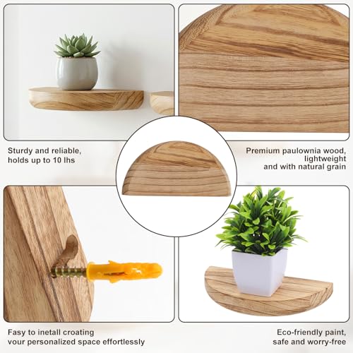 4 Pcs Small Floating Shelves for Wall,8.27 Inch Solid Wood Half Round Floating Shelves Rustic Sturdy Invisible Wall Mount Display for Small Plants for Living Room Bedroom
