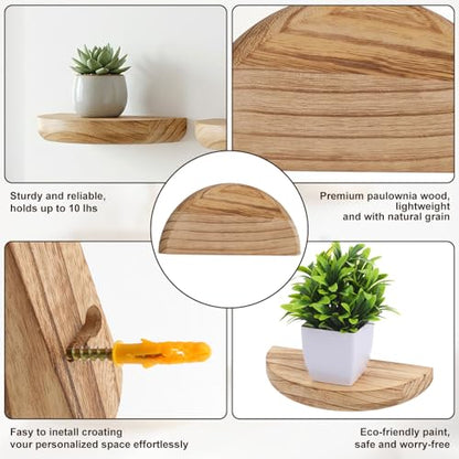 4 Pcs Small Floating Shelves for Wall,8.27 Inch Solid Wood Half Round Floating Shelves Rustic Sturdy Invisible Wall Mount Display for Small Plants for Living Room Bedroom