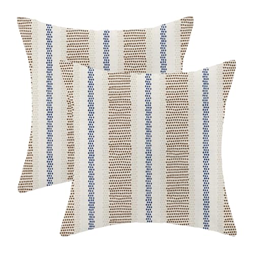 AEIOAE Brown Navy Blue Outdoor Pillow Covers 16 x 16 Inch, Beige Polka Dots Stripe Decor Throw Pillows for Couch Bed, Boho Modern Farmhouse Decorative Pillowcase Linen Cushion Cover Set of 2 - color: Brown Navy Blue Beige, size: 16" x 16" (Pack of 2)