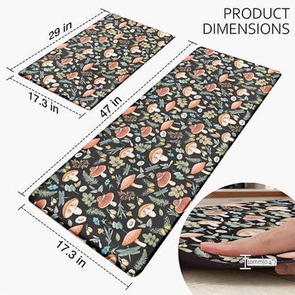 Kitchen Rugs for Floor 2 Pcs Memory Foam Padded Anti Fatigue Kitchen Mat - color: Black Mushroom