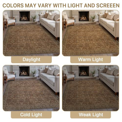 8X10 Washable Area Rug for Living Room, Vintage Non-Slip, Rustic Brown