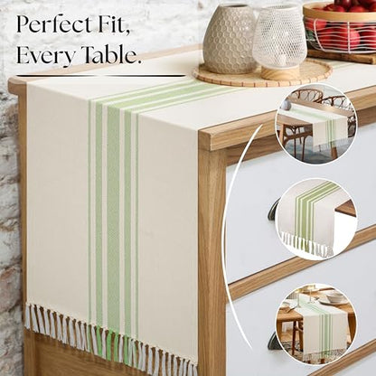 Native Fab Green Table Runner 72 Inches Long - Striped Table Cover with Fringes - 100% Cotton, Soft, Tight Weave, Non Slip Tablerunner for Dining, Dresser, Wedding - Mint Green White (14x72 inches) - color: Mint Green White, size: 14x72