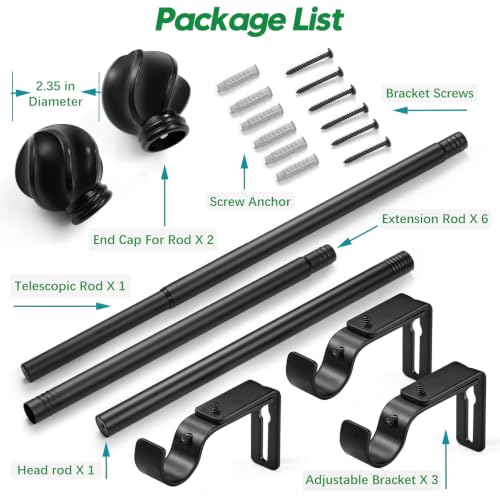 LLPJS Curtain Rods 16-120", 1 in Adjustable Black Rod with Finials, 1 Pack - color: Black, size: 16" to 120" - 1 pack