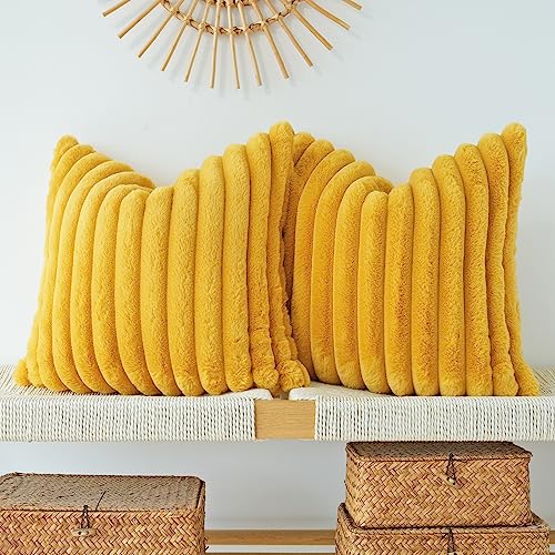 JOJUSIS Faux Fur Plush Throw Pillow Covers, Mustard Yellow, 22 x 22-Inch - color: Mustard Yellow, size: 22" x 22" (Pack of 2)