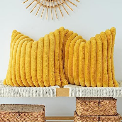 JOJUSIS Faux Fur Plush Throw Pillow Covers, Mustard Yellow, 22 x 22-Inch - color: Mustard Yellow, size: 22" x 22" (Pack of 2)