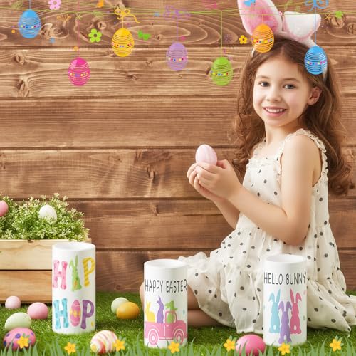 Retisee 3 Pcs Pastel Easter Flameless LED Candles Battery Operated Bunny Spring Flickering Pillar Candles with Remote Pastel Easter Decoration Centerpiece for Bedroom Living Room Dinner Table Decor - style: Pastel