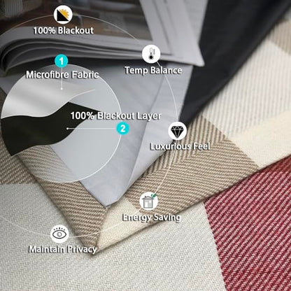 always4u 100% Blackout Plaid Curtains for Bedroom Living Room Woolen Look Black Tartan Grommet Thermal 2 Panels 45 * 63 Red Beige - color: Red Beige, size: 45"W x 63"L (Pack of 2)