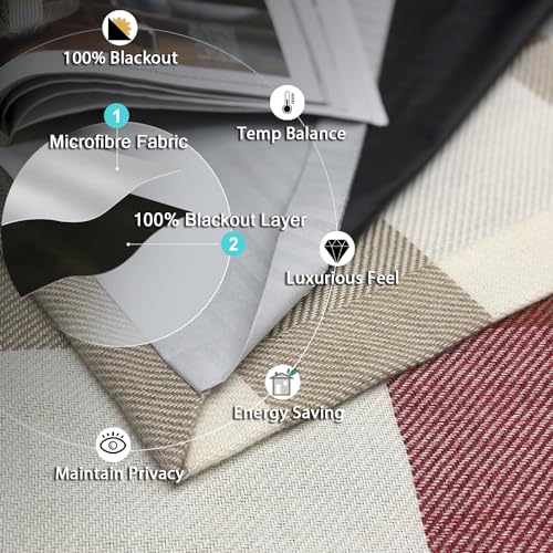 always4u 100% Blackout Plaid Curtains for Bedroom Living Room Woolen Look Black Tartan Grommet Thermal 2 Panels 45 * 95 Red Beige - color: Red Beige, size: 45"W x 95"L (Pack of 2)