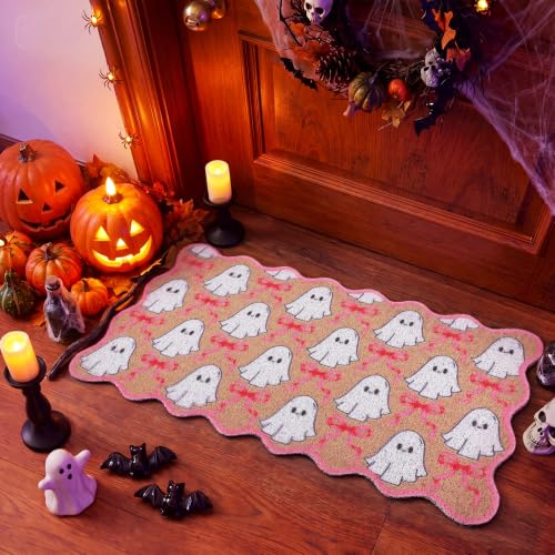 Dunzy Pink Halloween Doormat Outdoor Bow Ghost Scalloped Faux Coir Mat - style: Ghost and Bow