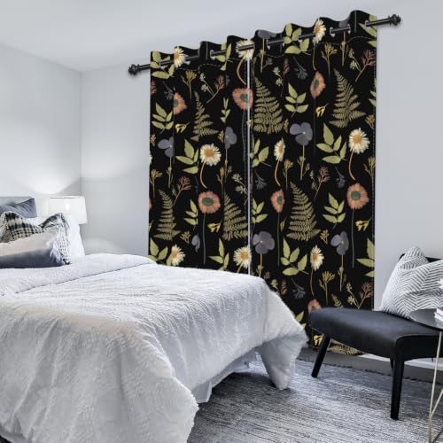 Dark Floral & Botanical Fern Blackout Curtains for Bedroom 84 Inches Long - color: Dark Floral