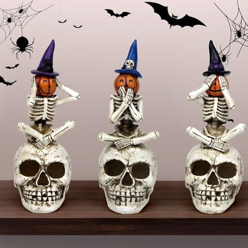 Halloween Skeleton Statue Set of 3, See Speak Hear No Evil Figurines - color: Pumpkin