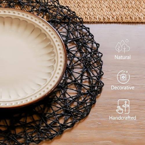 AHHFSMEI Paper Braided Round Placemats Set of 12 Natural Non-Slip Heat Resistant Table Mats for Dining Tables Woven Indoor & Outdoor Place mats(Black,12) - color: Black