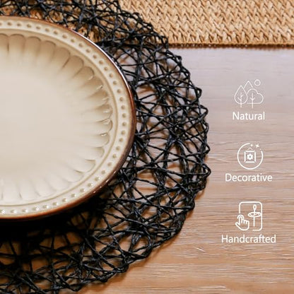 AHHFSMEI Paper Braided Round Placemats Set of 12 Natural Non-Slip Heat Resistant Table Mats for Dining Tables Woven Indoor & Outdoor Place mats(Black,12) - color: Black