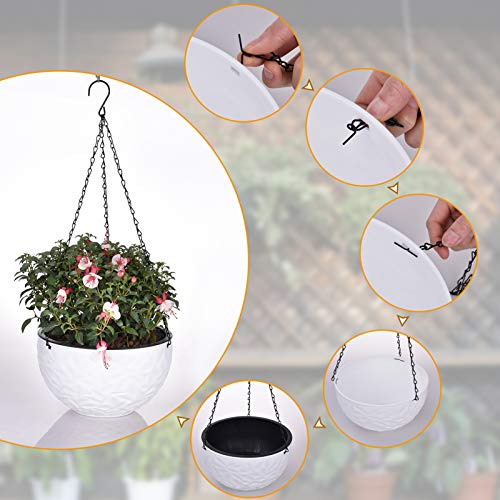 Foraineam 10.2 Inch Dual-pots Design Hanging Planters, Self-Watering Indoor Outdoor Hanging Flower Basket Plant Pot with Drainer and Hanging Chain, White - size: 10.2 Inch