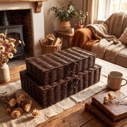 Hushee Set of 2 Wicker Storage Baskets with Lid Woven Wicker Storage Bins Woven Rattan Decorative Boxes with Lid for Shelf Organizer Coffee Table Bathroom Living Room Decor