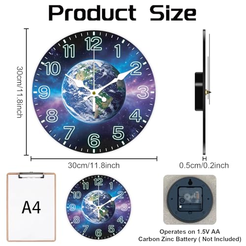 Earth Wall Clock Silent Non-Ticking 12" for Living Room Decor - color: Earth