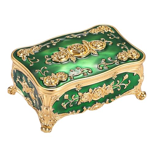 Hipiwe Vintage Metal Jewelry Box Green Treasure Box with Gold Rose Pattern - color: Grren, size: Small