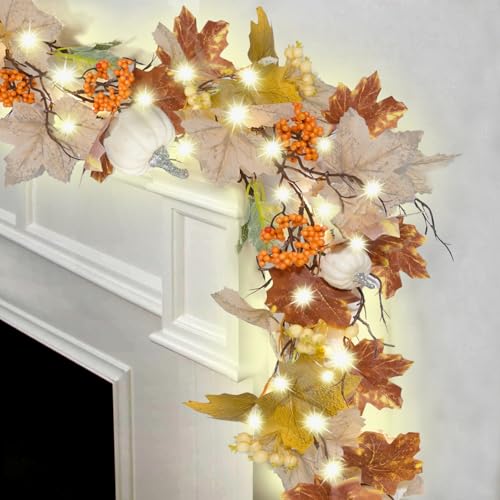 6.2FT Fall Maple Pumpkin Berry Garland with Lights and Timer - Mixed Gray - color: Mixed Gray