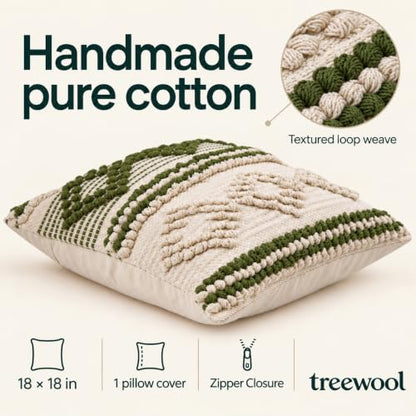 TreeWool 100% Cotton Woven Throw Pillow Cover (Pack of 1, 18" x 18", Green) - color: Green