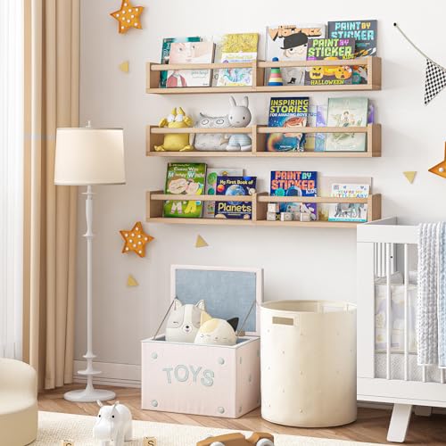 Fixwal Floating Nursery Book Shelves for Wall, 32in, Set of 3, Natural Wood - color: Natural, size: 32inches