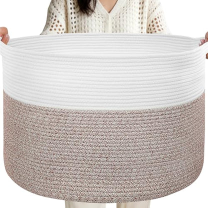 90L Large Blanket Basket Storage with Handles - White & Brown - color: Brown & White, size: 90L