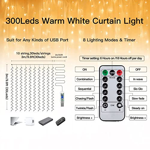 Ollny Curtain Lights 9.8ftx9.8ft, 300LED Fairy Light with Remote Warm White - color: Warm White, size: 300 LED