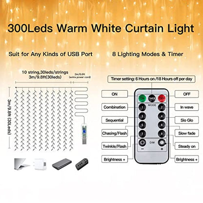 Ollny Curtain Lights 9.8ftx9.8ft, 300LED Fairy Light with Remote Warm White - color: Warm White, size: 300 LED