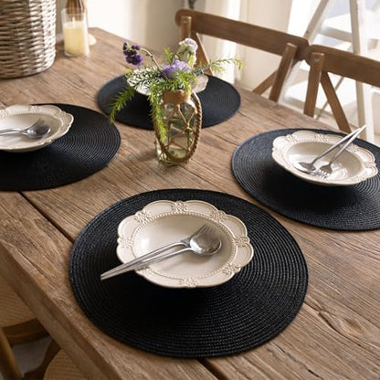 FunWheat Round Braided Placemats Set of 4 Table Mats for Dining Tables Woven Washable Non-Slip Place mats 15inch (Black, 4pcs) - color: Black, size: Set of 4