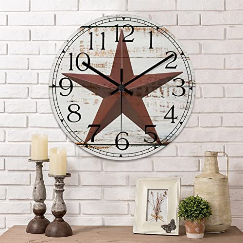 Round Farmhouse Wall Clock Western Texas Star Antique Style Wood Clock Quiet Non-Ticking Battery Operated Easy to Read Retro Wall Hanging Analog Clock for Living Room Kitchen Home 15 Inch - color: Style-3, size: 15in