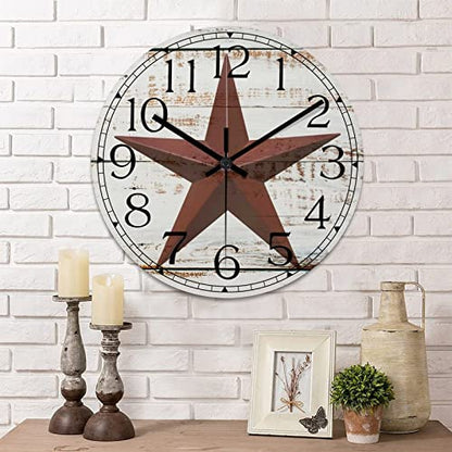 Round Farmhouse Wall Clock Western Texas Star Antique Style Wood Clock Quiet Non-Ticking Battery Operated Easy to Read Retro Wall Hanging Analog Clock for Living Room Kitchen Home 15 Inch - color: Style-3, size: 15in