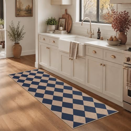 Easy Jute Kitchen Runner 2x6 Kitchen Runner Rug Washable Non Slip Outdoor Rug for Entryway Farmhouse Neutral Low Pile Carpet for Hallyway Proch Doorway - color: Blue/Checkered, size: 2'*6'(Runner)