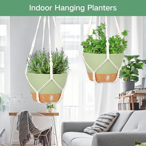QCQHDU 2 Pack Hanging Planters for Indoor Outdoor Plants, 10 Inch Hanging Baskets Flower Pots with Reservoir Tray & Visible Water-Level (Macrame Hanger) - color: Green, size: 10 inch with Macrame Hanger