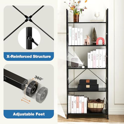 DUMOS 5 Tiers Open Bookshelf, Classic Freestanding Tall Display Shelf - color: Black, size: 5 Tier＆Open