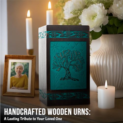 Tree of Life Wooden Urn for Human Ashes, X-Large 250 Cu in, Teal - color: Teal Green, size: X-Large (250 cu in)