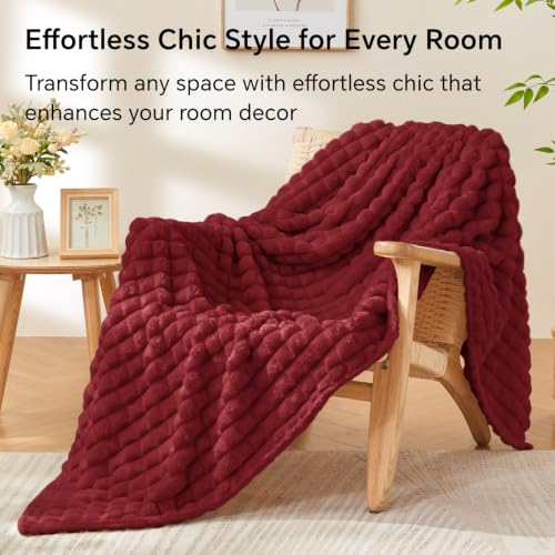 BEDELITE 3D Checked Burgundy Fleece Throw Blanket for Couch, 50x60 Inches - color: Burgundy, size: Throw(50"x60")