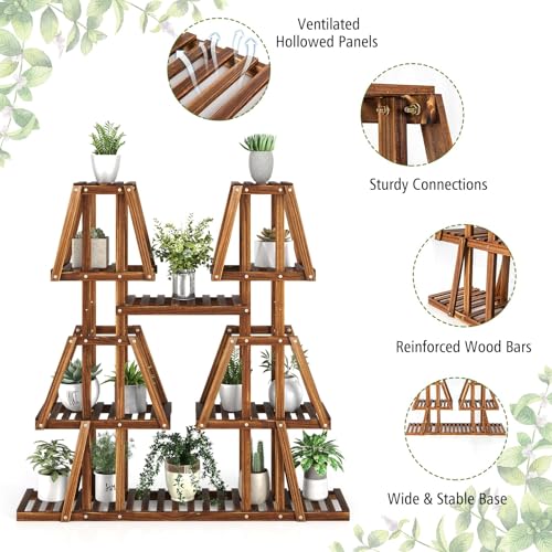 GIANTEX Plant Stand Indoor, 5-Tier Wooden Trapezoid Plant Holder Rack for Multiple Plants, Carbonized Pine Wood, Indoor Outdoor Flowerpot Holder Display Shelf for Living Room Balcony Patio Porch